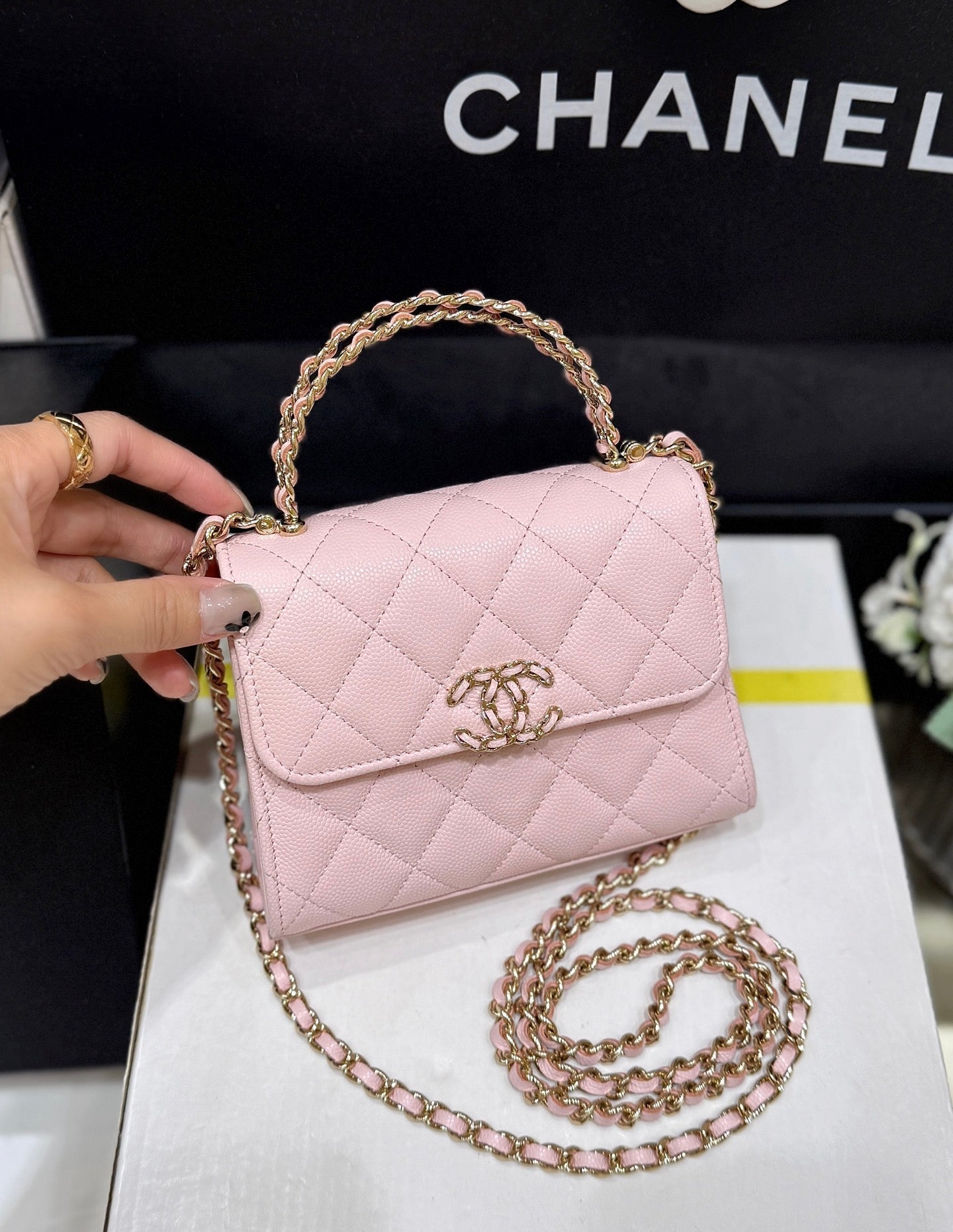 CHANEL QUILTED MINI FLAP BAG WITH HANDLE 14 IN BABY PINK LAMBSKIN GOLD PLATED METAL