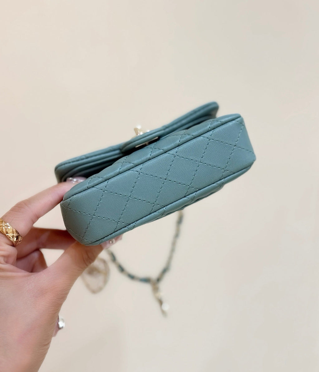 CHANEL 25S FLAP CHARM BAG 13 IN TEAL BLUE LAMBSKIN