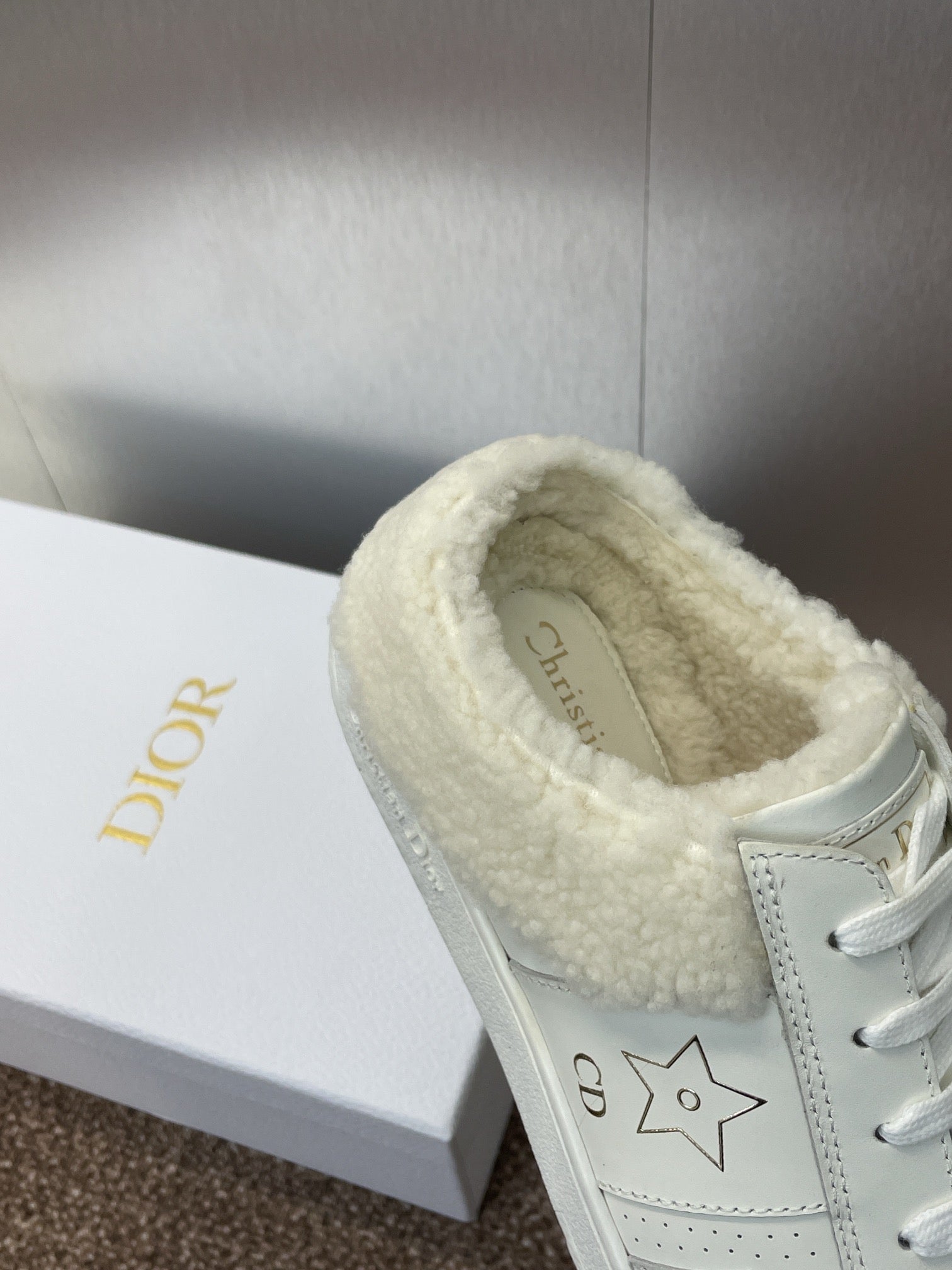 DIOR STAR SNEAKER IN WHITE CALFSKIN AND SHEARLING