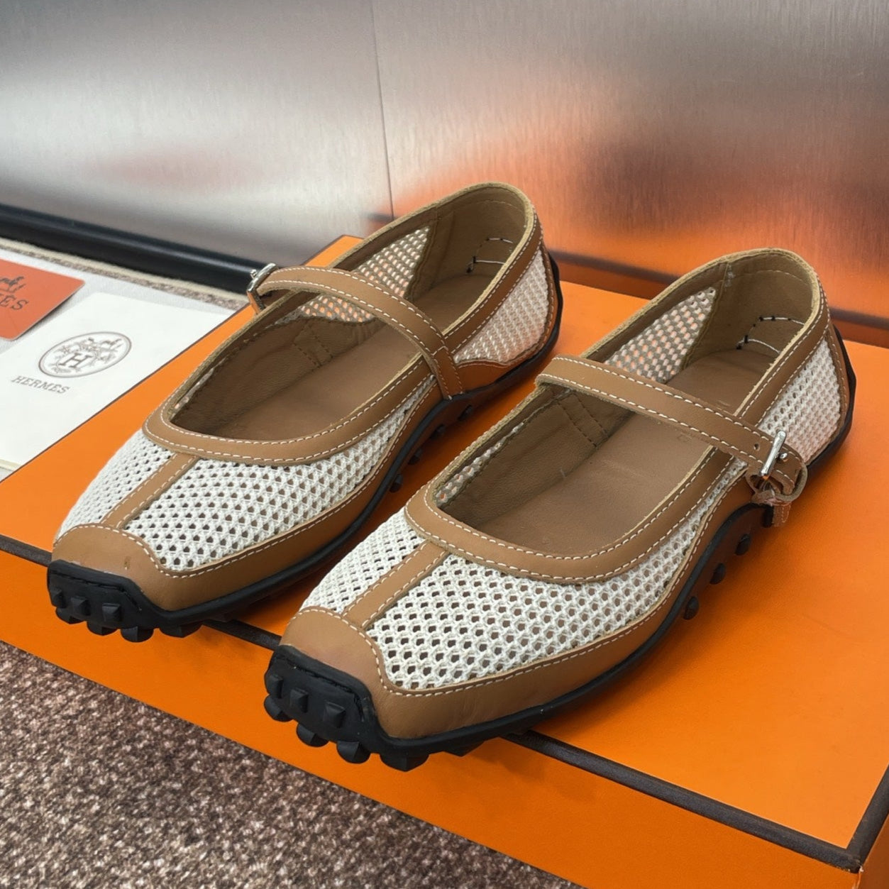 HERMES KICHU BALLET FLAT IN BRONZE BROWN CROCHET KNIT AND CALFSKIN