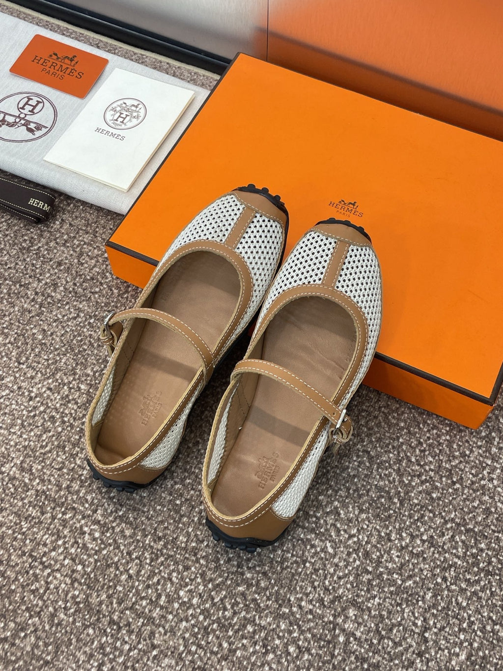 HERMES KICHU BALLET FLAT IN BRONZE BROWN CROCHET KNIT AND CALFSKIN