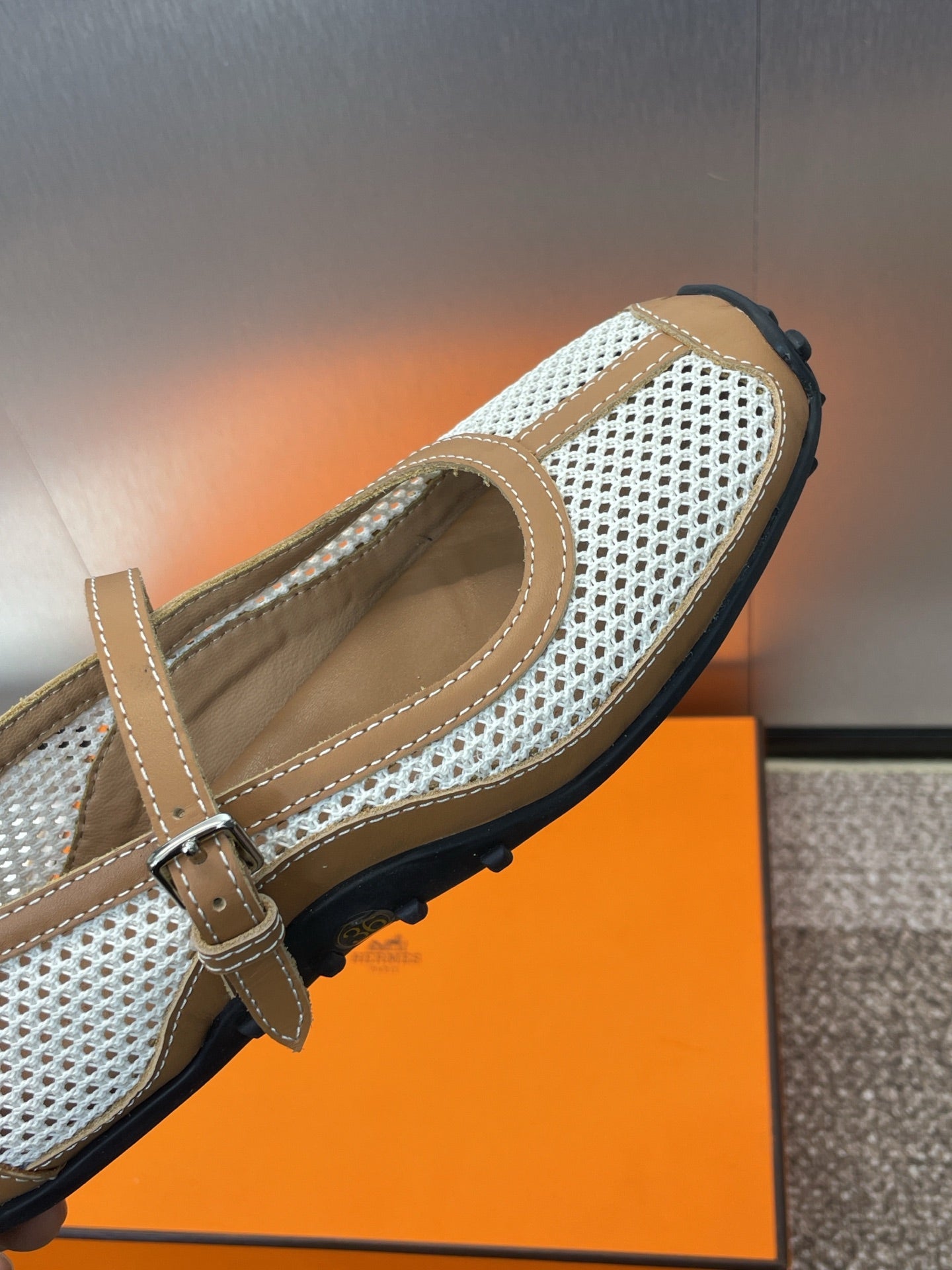 HERMES KICHU BALLET FLAT IN BRONZE BROWN CROCHET KNIT AND CALFSKIN