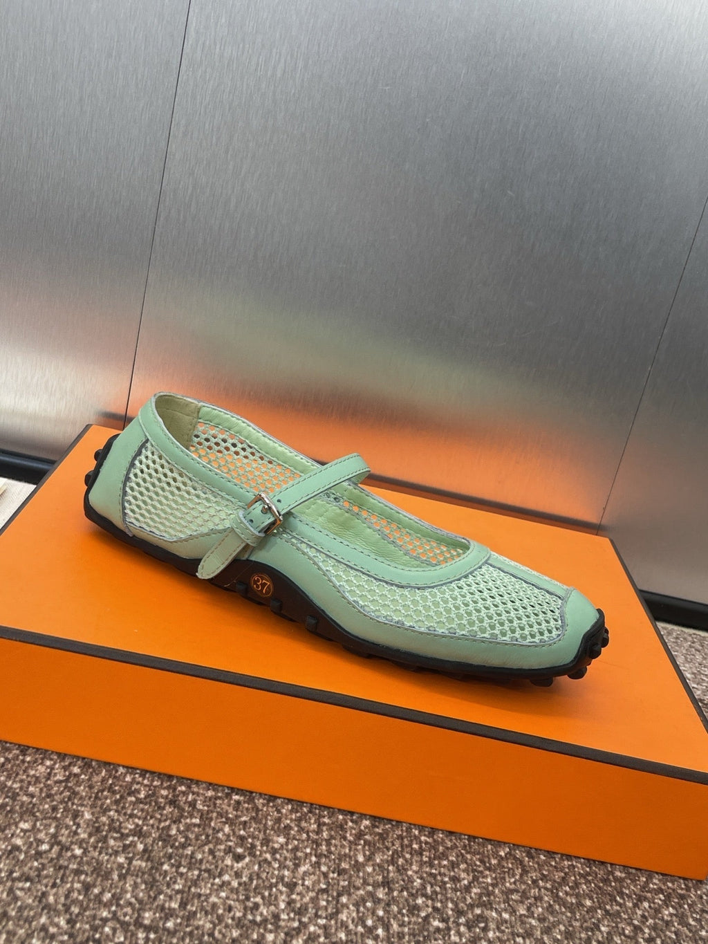 HERMES KICHU BALLET FLAT IN GREEN MINT CROCHET KNIT AND CALFSKIN