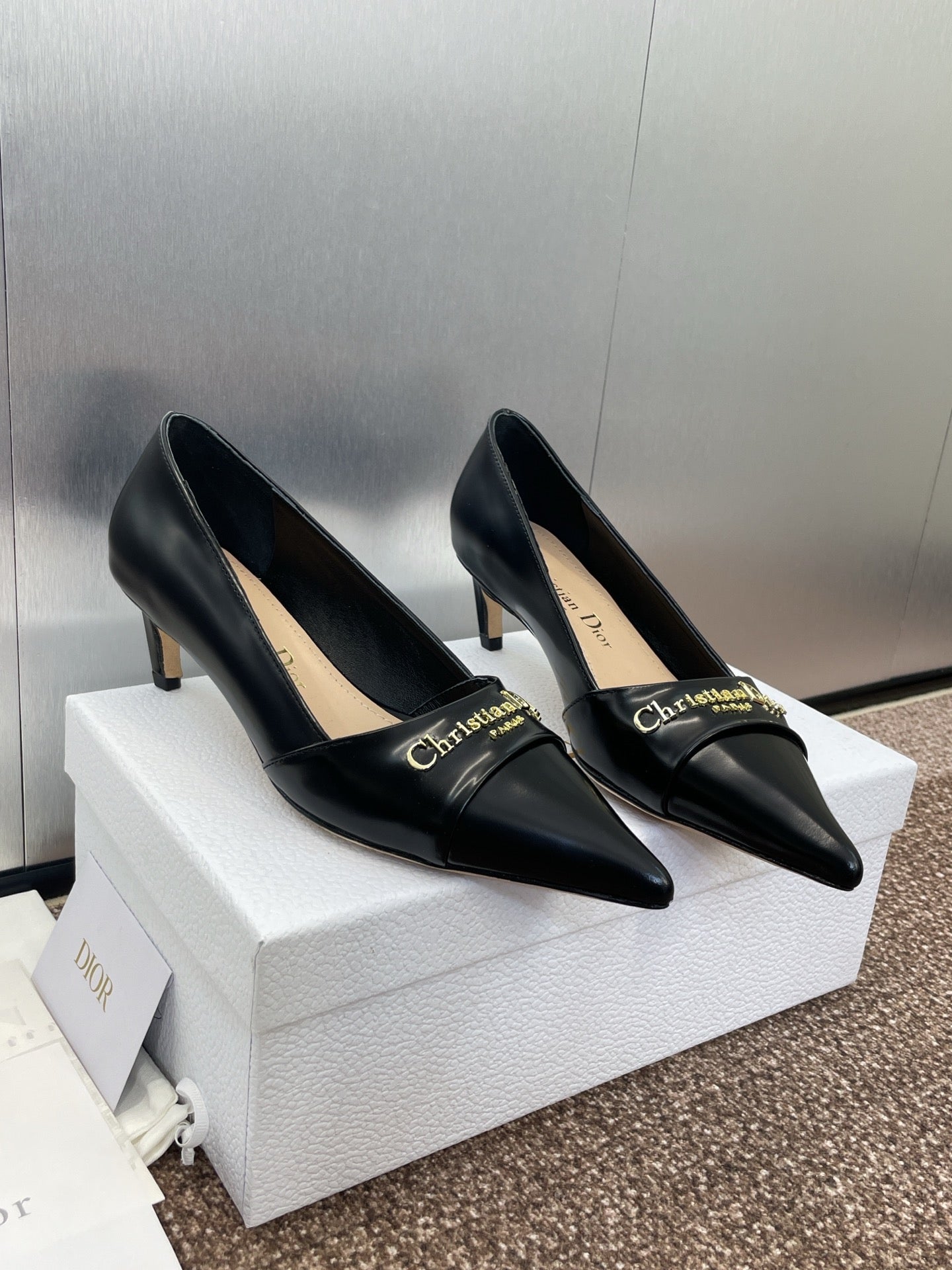 DIOR MY DD 25S HIGH HEEL 55MM IN BLACK LAMBSKIN GOLD LOGO