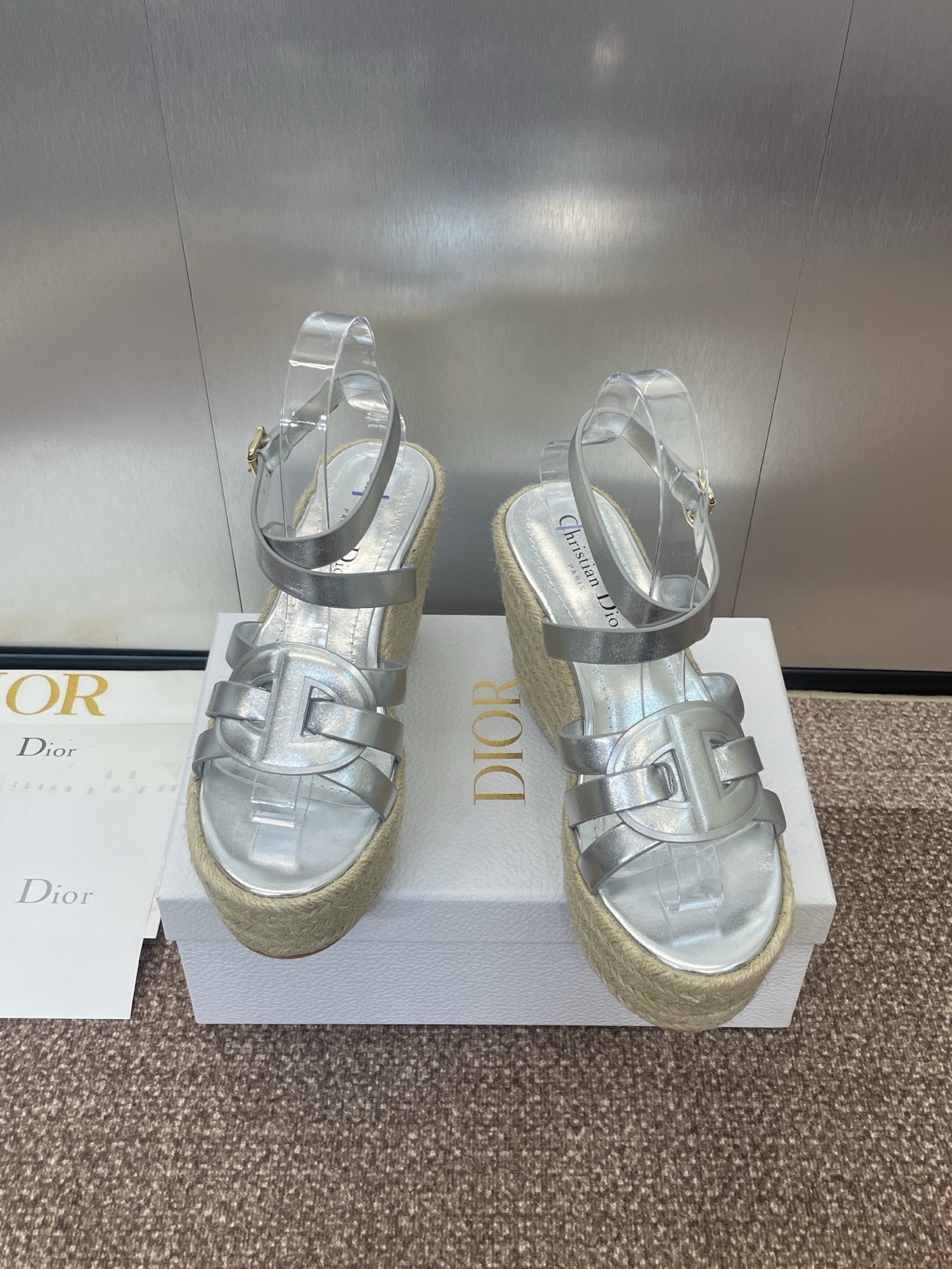 DIOR D-CLUB 25S HIGH HEEL WEDGE 100MM IN SILVER GLOSSY CALFSKIN RAFFIA SOLE