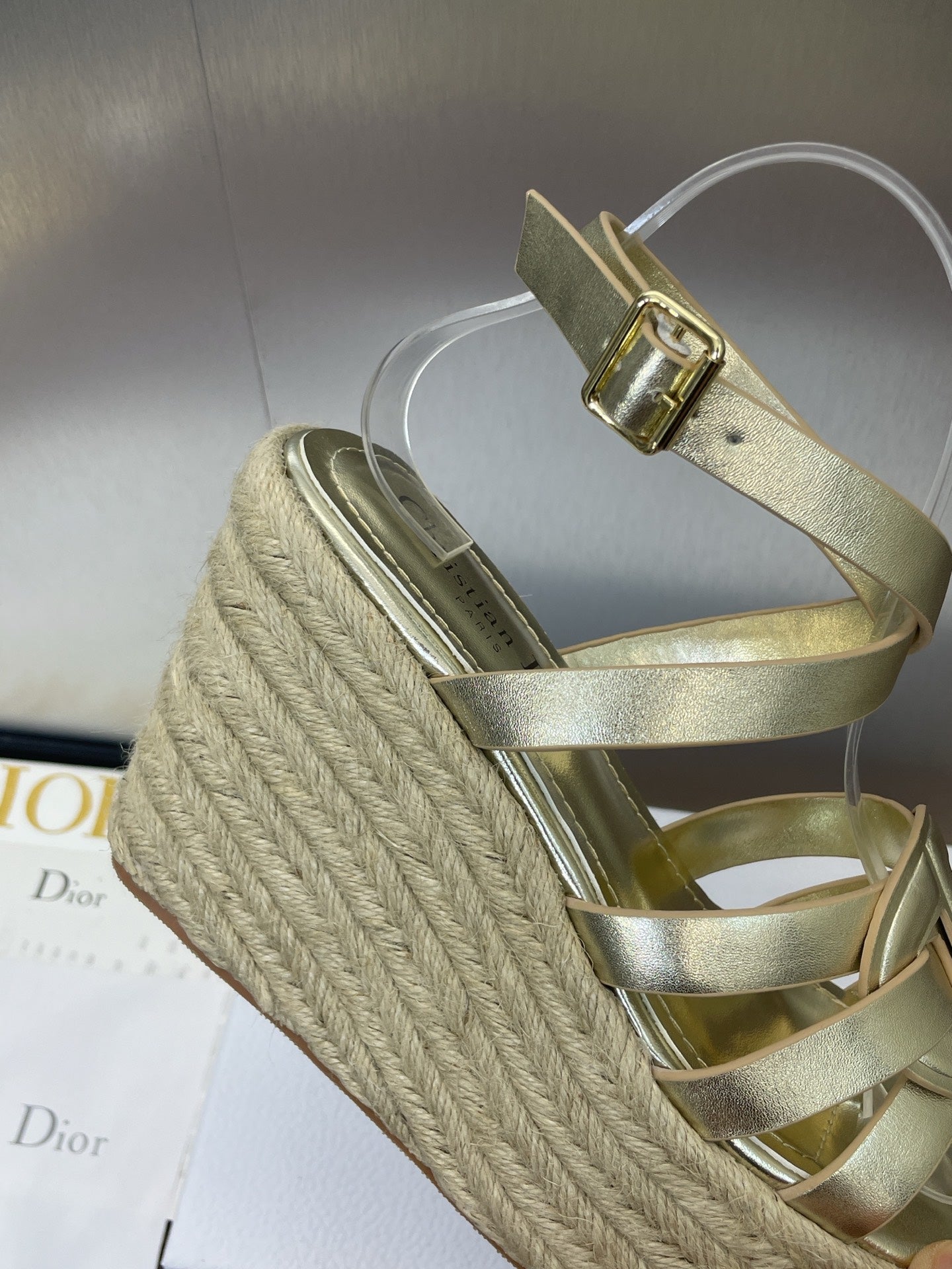 DIOR D-CLUB 25S HIGH HEEL WEDGE 100MM IN GOLD GLOSSY CALFSKIN RAFFIA SOLE