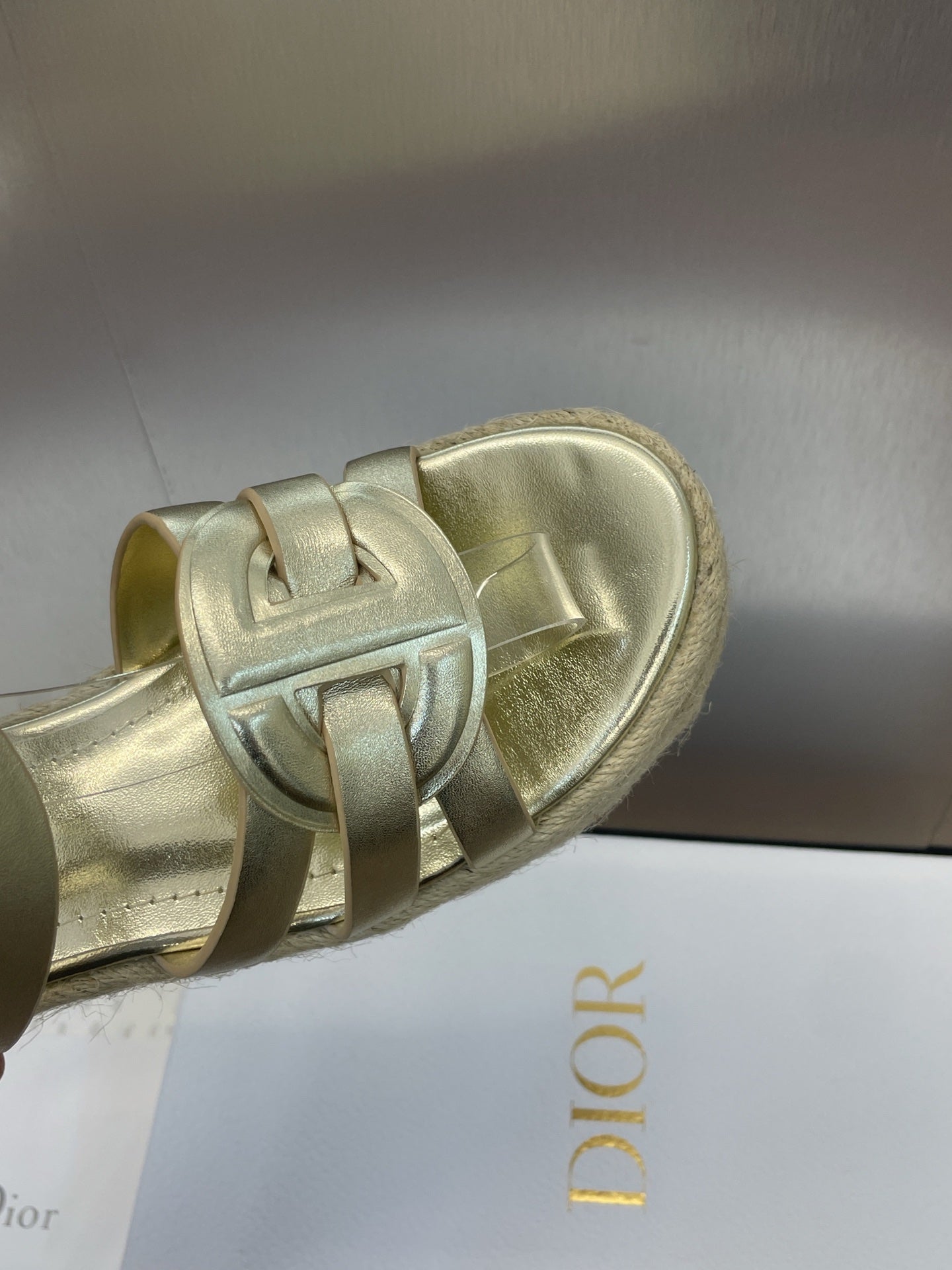 DIOR D-CLUB 25S HIGH HEEL WEDGE 100MM IN GOLD GLOSSY CALFSKIN RAFFIA SOLE