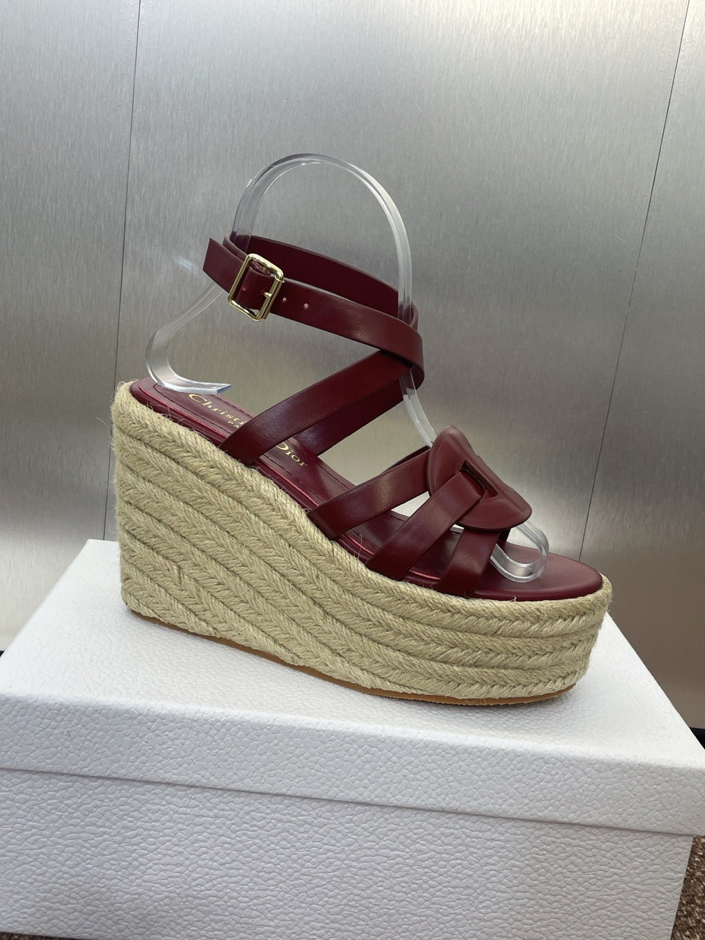 DIOR D-CLUB 25S HIGH HEEL WEDGE 100MM IN BURGUNDY RED CALFSKIN RAFFIA SOLE