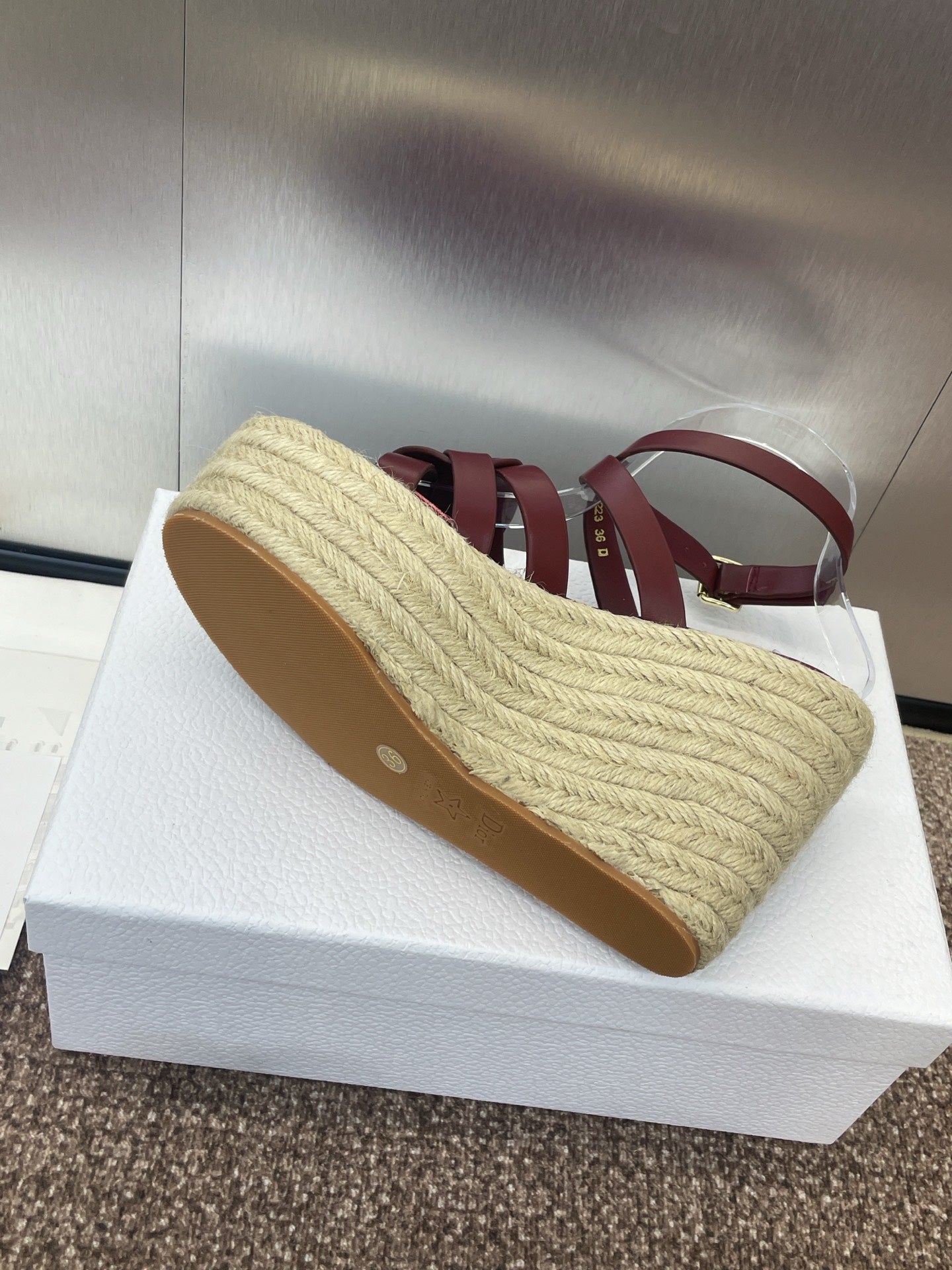 DIOR D-CLUB 25S HIGH HEEL WEDGE 100MM IN BURGUNDY RED CALFSKIN RAFFIA SOLE