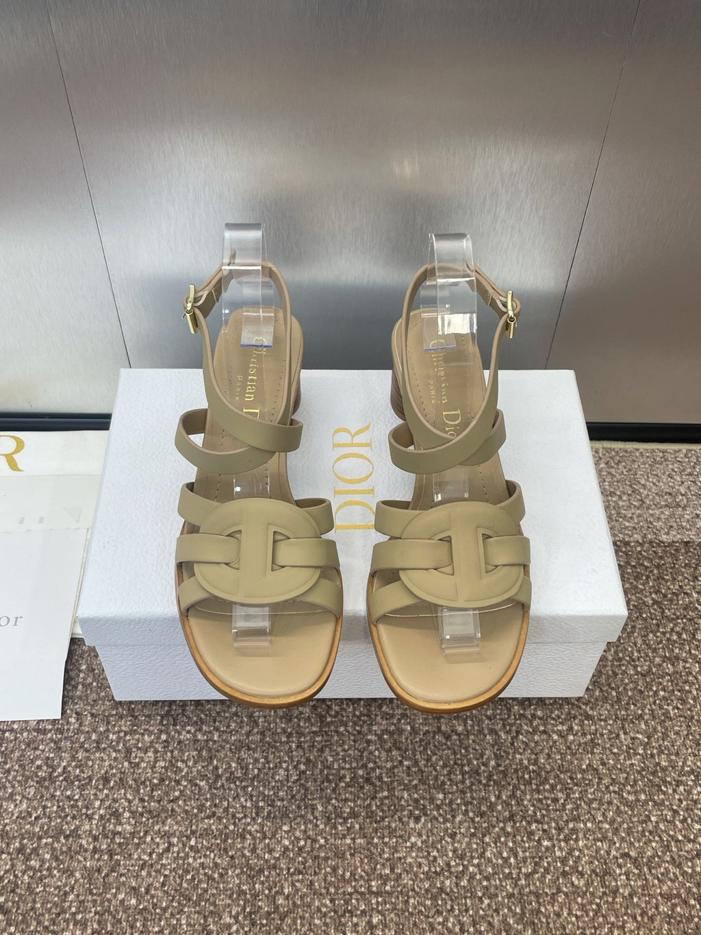 DIOR D-CLUB HIGH HEEL SLIDE 25S 55MM IN GOLDEN BEIGE CALFSKIN