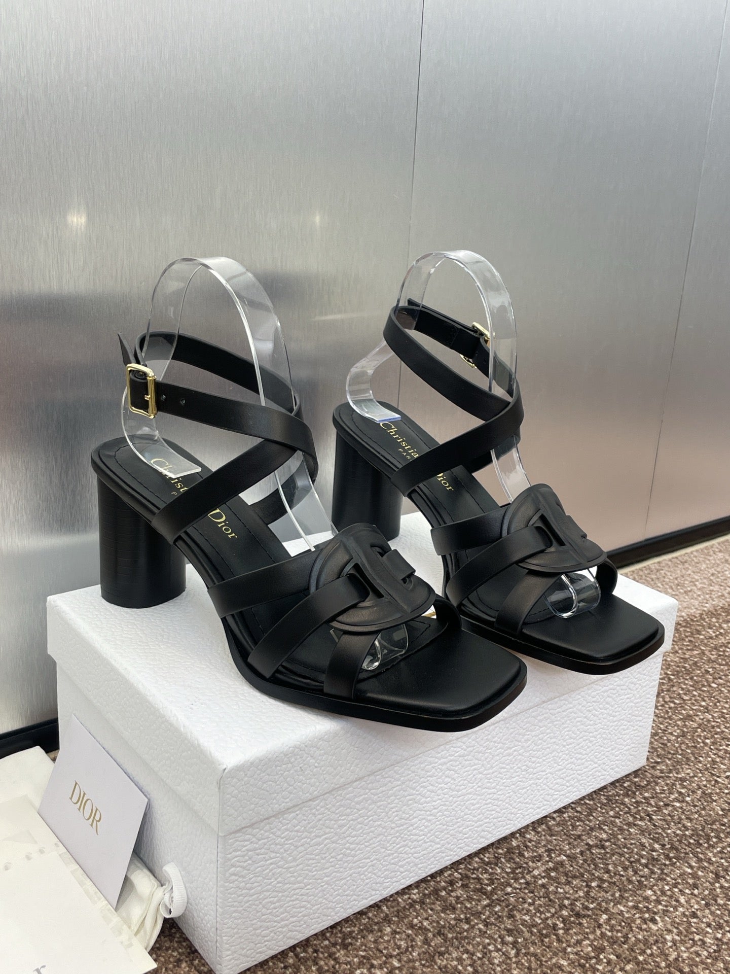 DIOR D-CLUB HIGH HEEL SLIDE 25S 80MM IN BLACK CALFSKIN
