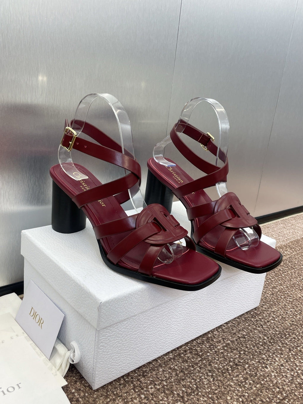 DIOR D-CLUB HIGH HEEL SLIDE 25S 80MM IN BURGUNDY RED CALFSKIN