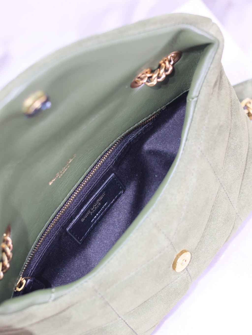 YSL 25S LOULOU PUFFER MINI 23 IN GREEN SUEDE GOLD HARDWRE