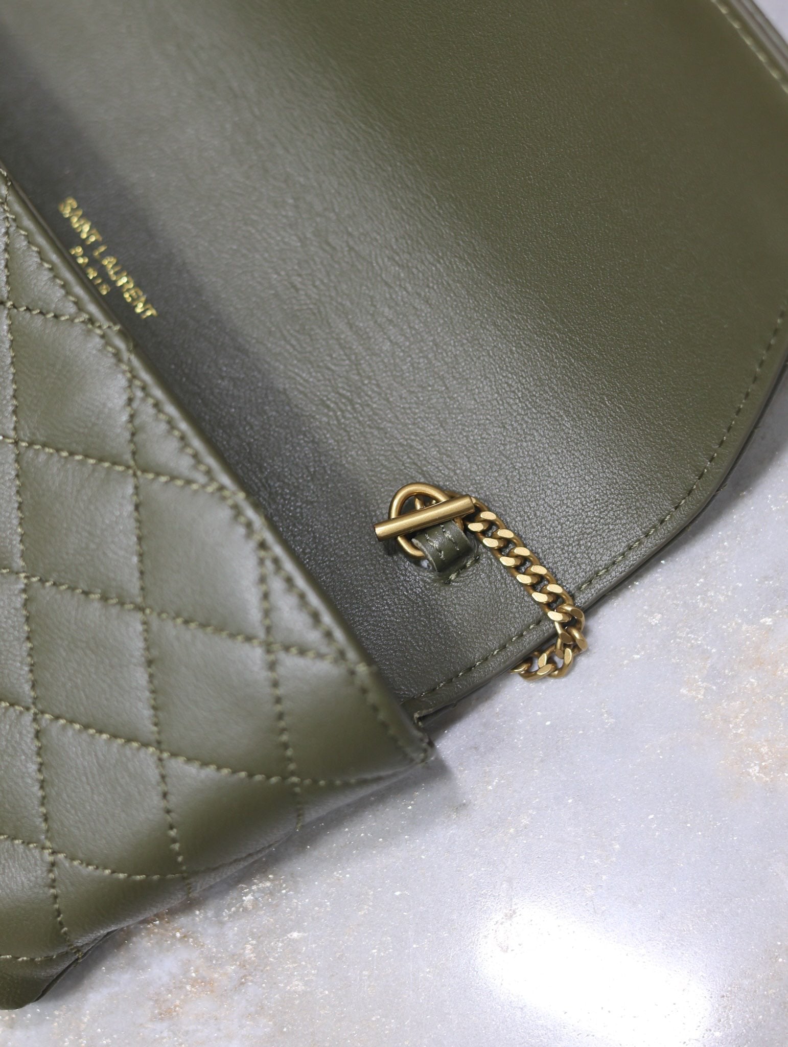 YSL 25S SAINT LAURENT GABY 19 IN DARK OLIVE QUILTED CALFSKIN GOLD HARDWARE