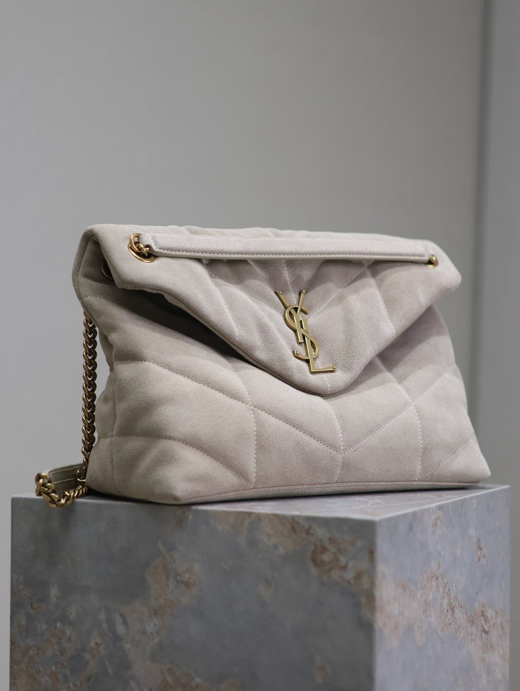 YSL 25S LOULOU PUFFER GM 35 IN SMOKEY TAUPE SUEDE GOLD HARDWRE