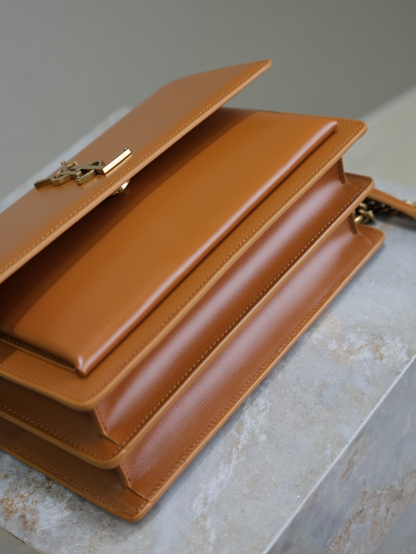 YSL 25S SUNSET BAG 22 IN DARK CARAMEL CALFSKIN GOLD HARDWRE