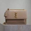YSL 25S SUNSET MEDIUM 22 IN NUDE CROCODILE-EMBOSSED SHINY CALFSKIN GOLD HARDWARE