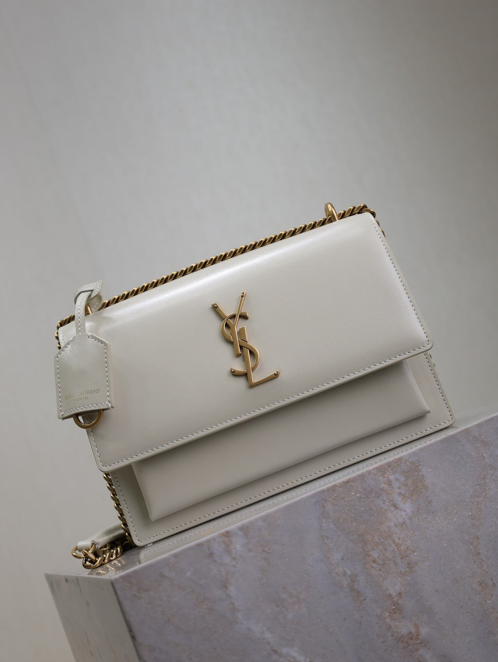YSL 25S SUNSET BAG 22 IN IVORY CALFSKIN GOLD HARDWARE