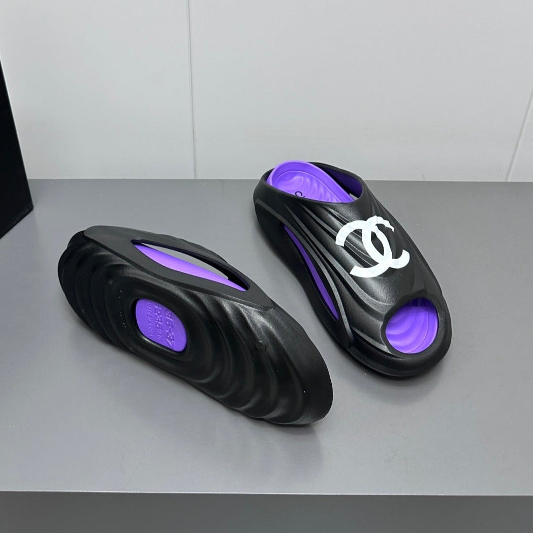 CHANEL New Double C Foam Lightweight Slippers Boat Black Purple