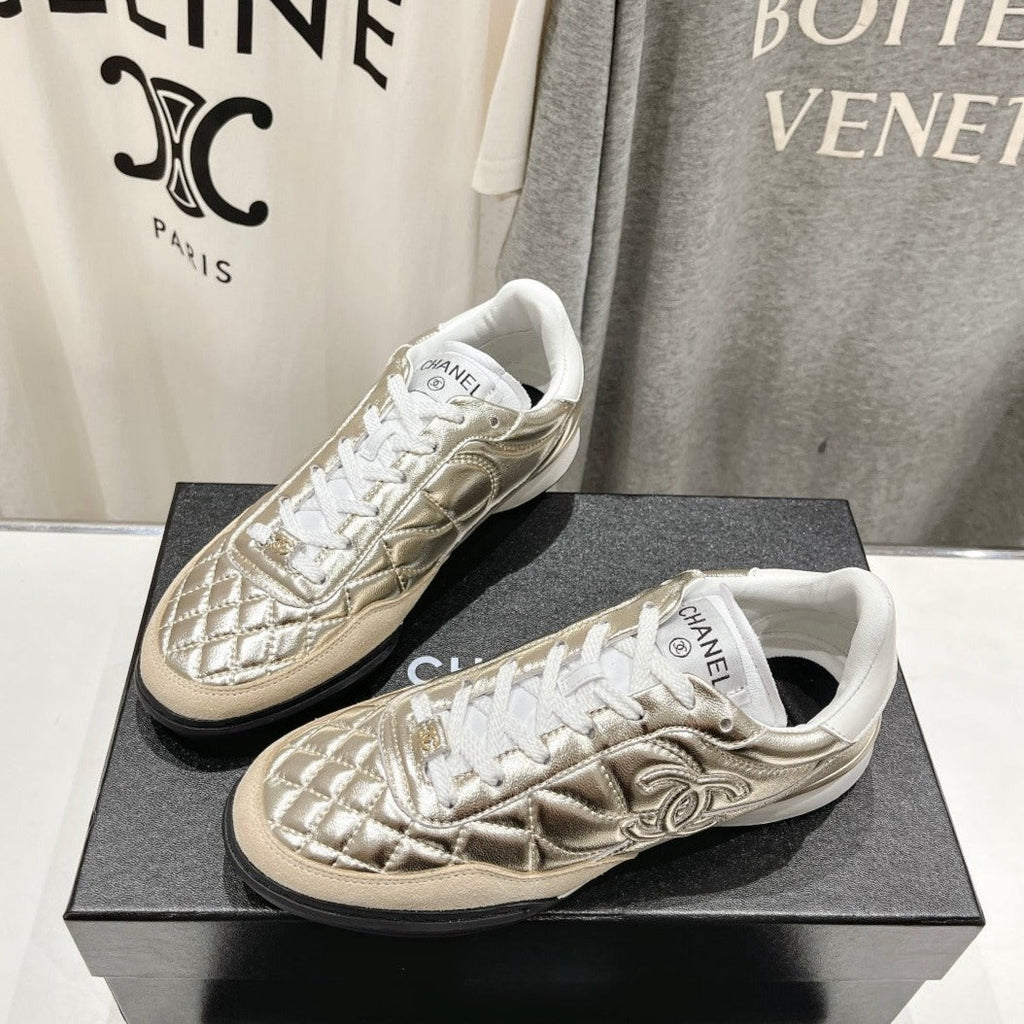 CHANEL Double C  New Quilted Panda Shoes Gold Sheepskin