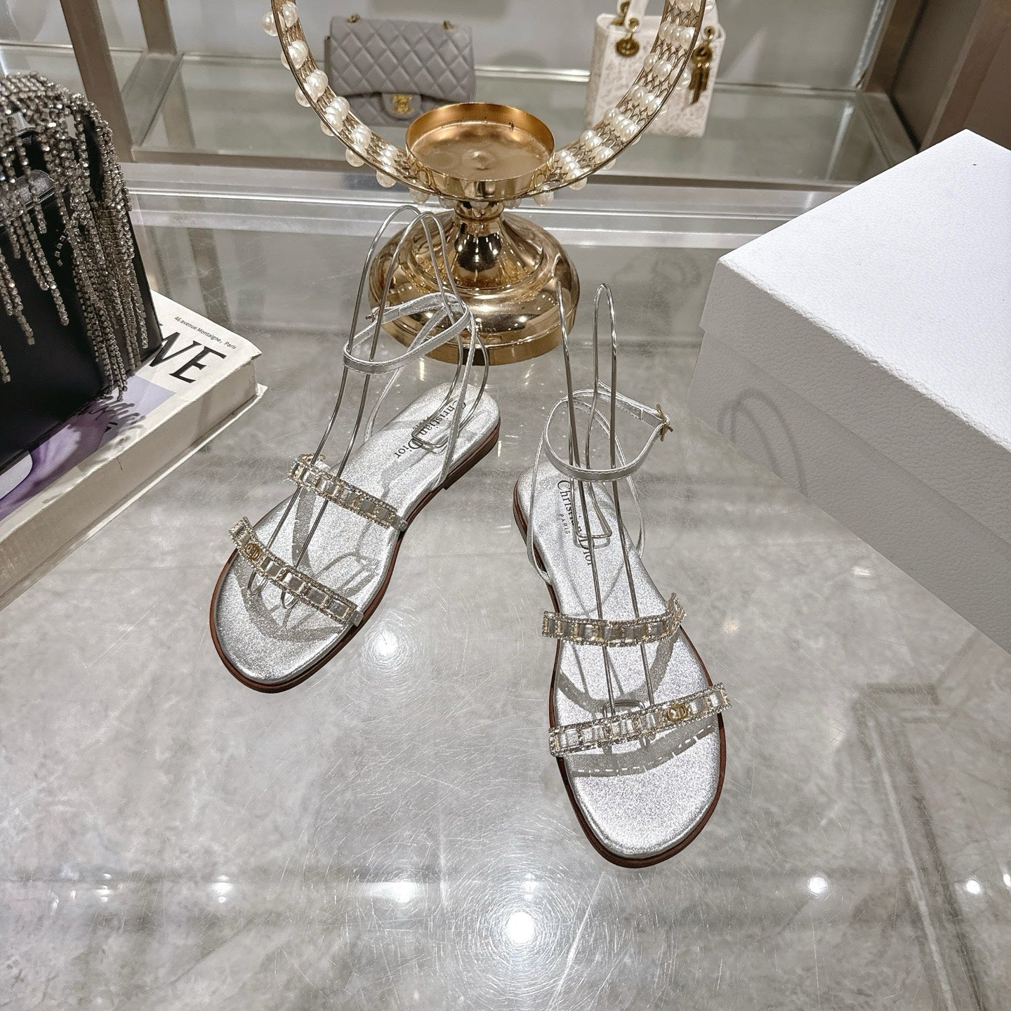 DIOR FLAT SANDALS 25S IN SILVER CALFSKIN RHINESTONES STRAP