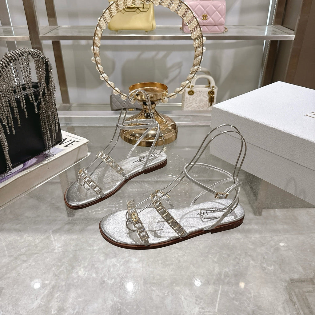 DIOR FLAT SANDALS 25S IN SILVER CALFSKIN RHINESTONES STRAP