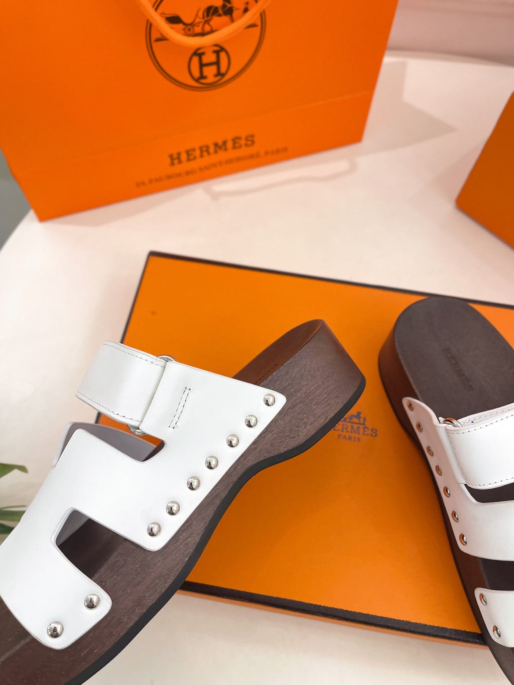 HERMES KOS CLOG IN WHITE CALFSKIN