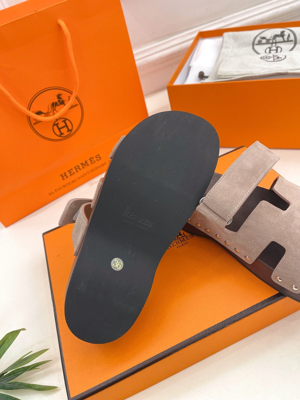 HERMES KOS CLOG IN KHAKI BROWN SUEDE