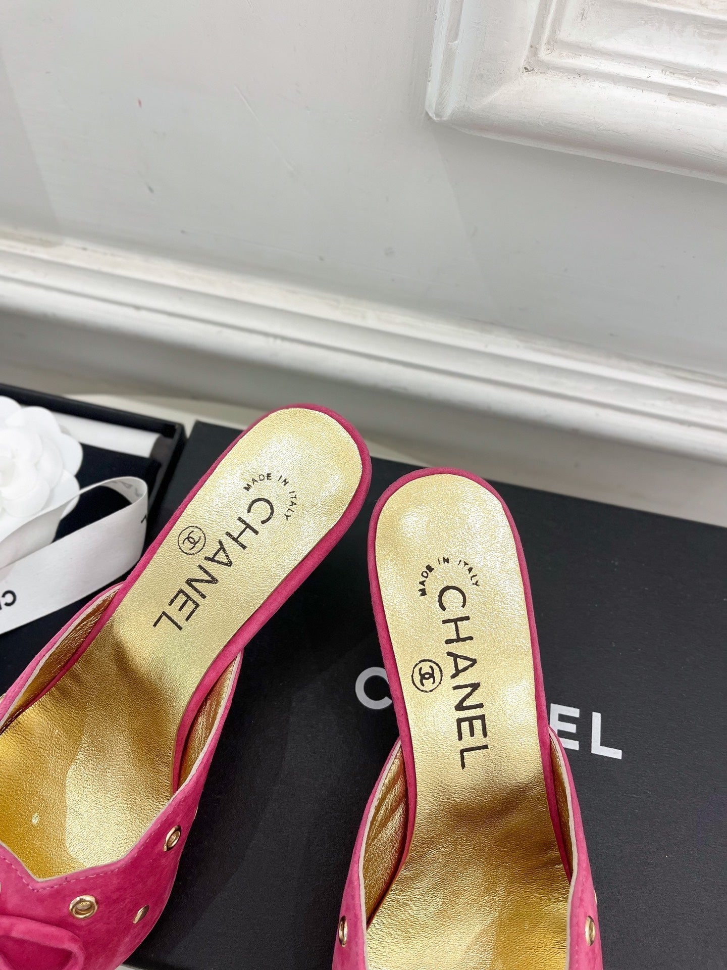 CHANEL HIGH 65 MM MULE IN DEEP PINK SUEDE