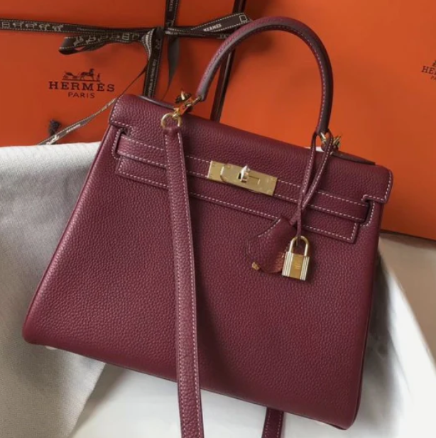 HERMES KELLY 25CM IN BURGUNDY RED CALFSKIN GOLD HARDWARE