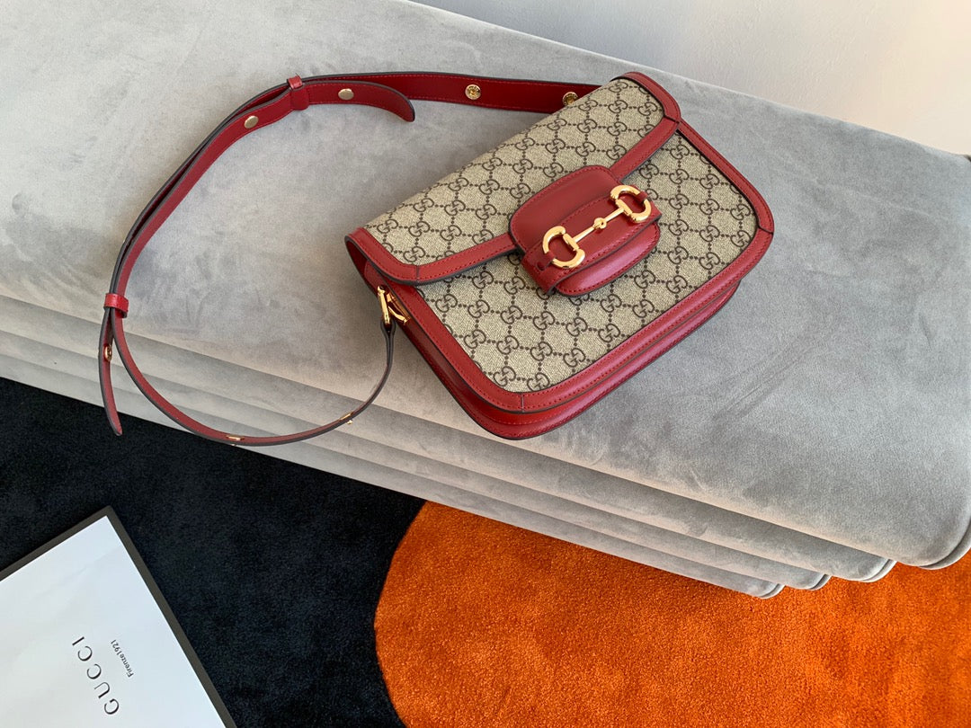 GUCCI 1955 Horsebit Bag 25cm Red Leather Beige Canvas Gold Hardware