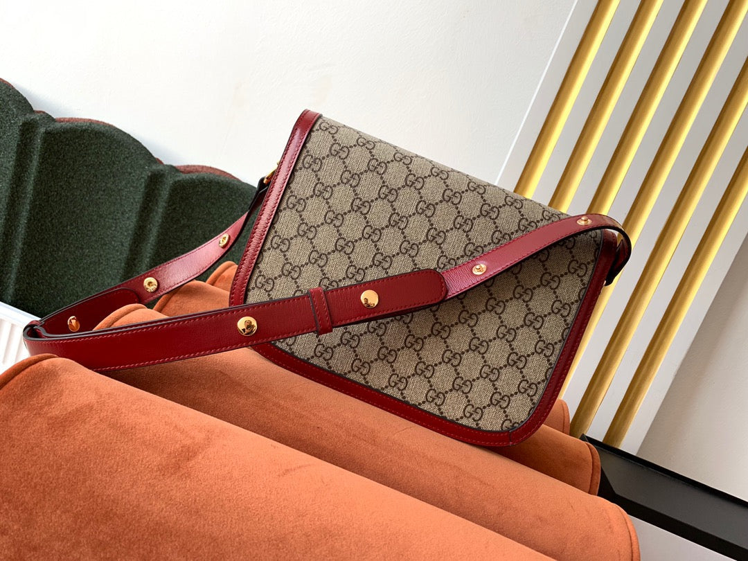 GUCCI 1955 Horsebit Bag 25cm Red Leather Beige Canvas Gold Hardware