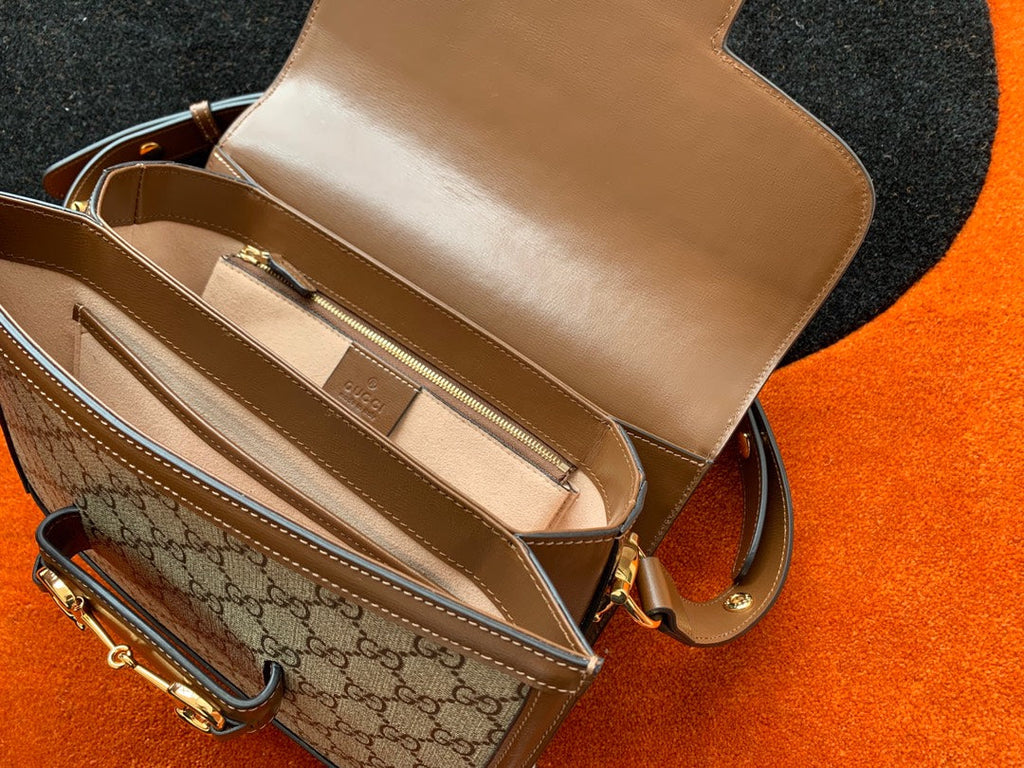 GUCCI 1955 Horsebit Bag 25cm Brown Leather Beige Canvas Gold Hardware