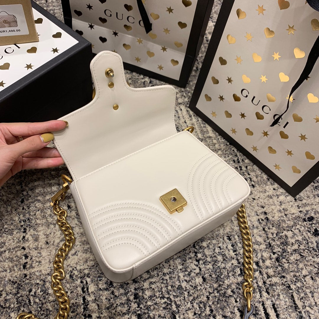 GUCCI Marmont 21cm Mini Top White Calfskin Gold Hardware