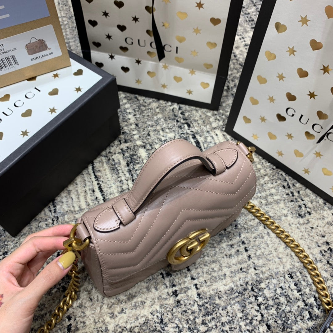 GUCCI Marmont 21cm Mini Top Dark Beige Calfskin Gold Hardware